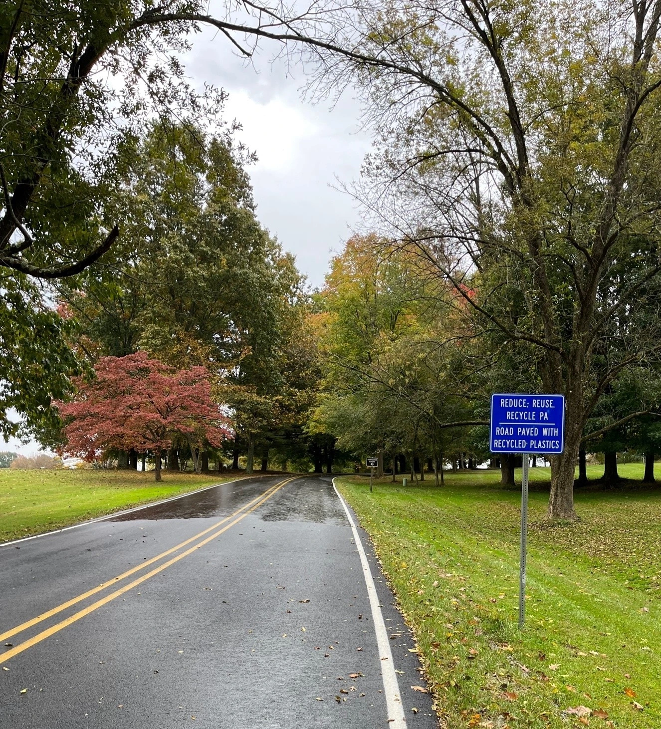 An image of a roadway lined with trees and grass with a blue sign that states the road was paved with recycled plastics.